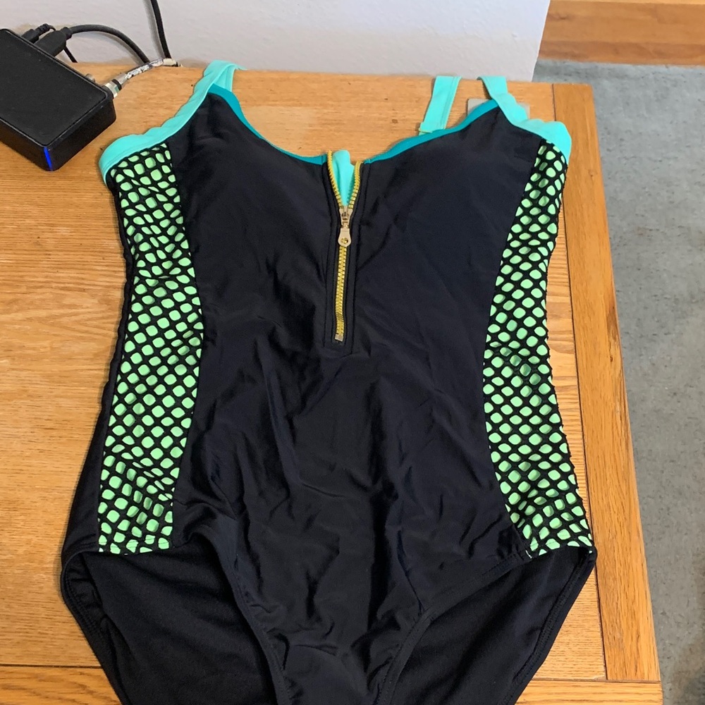 Black Swimsuits For All Swimsuit with Green Accents and Zipper